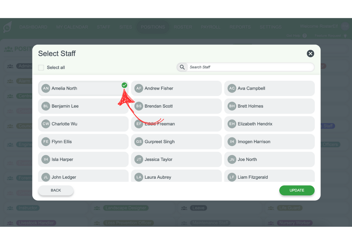 Screenshot demonstrating how to update and save the newly assigned staff