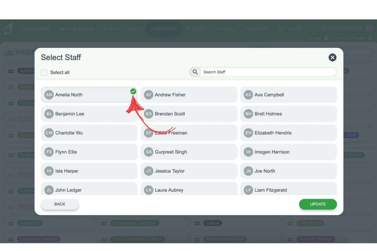 Screenshot demonstrating how to update and save the newly assigned staff