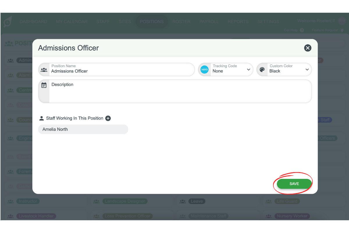 Screenshot highlighting the final Save button for the position