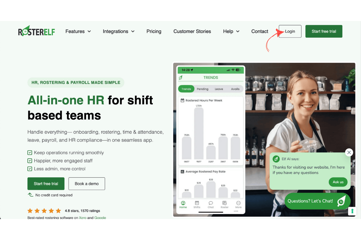 Log In button on RosterElf homepage
