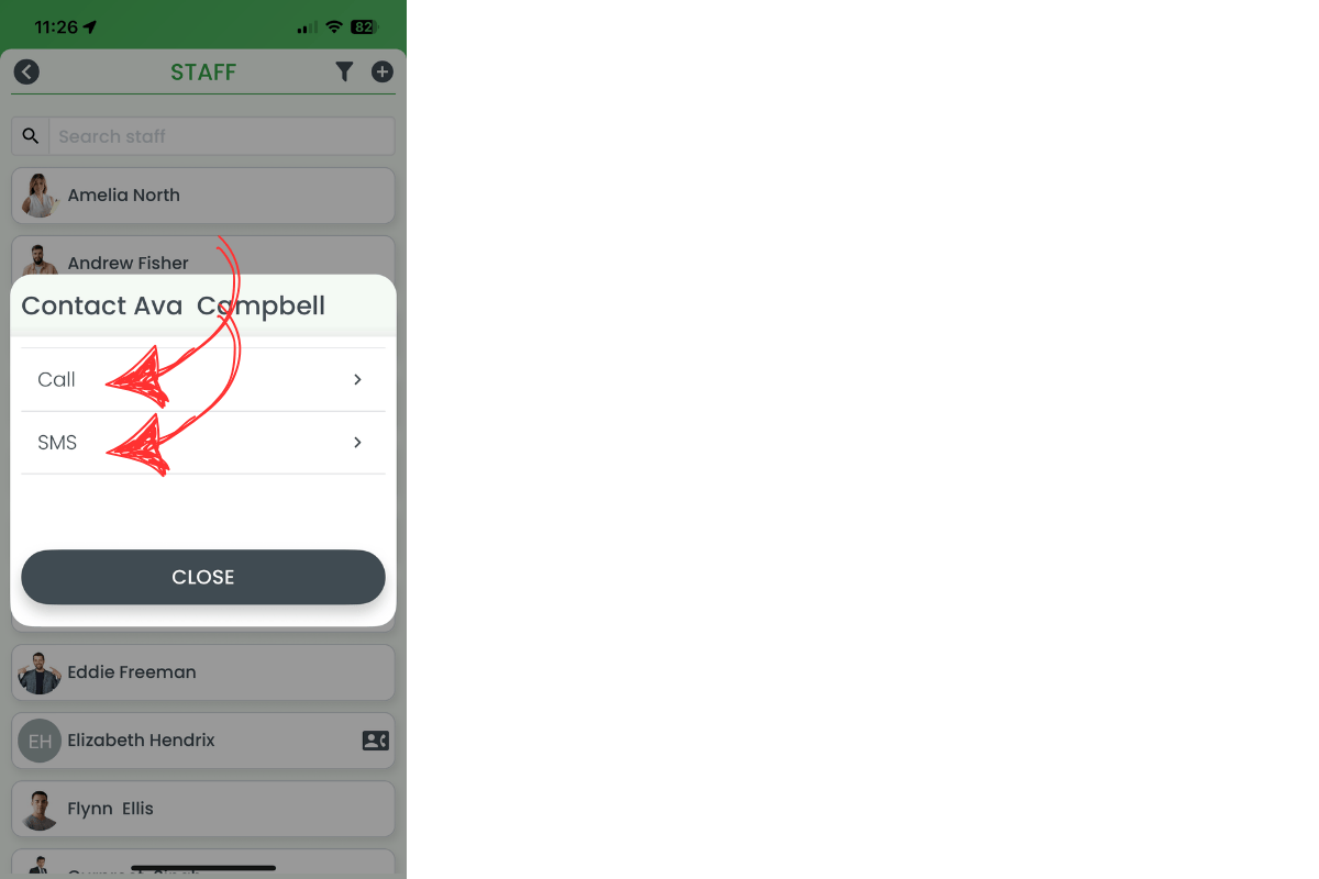 Step 4: Call or SMS buttons displayed for the employee