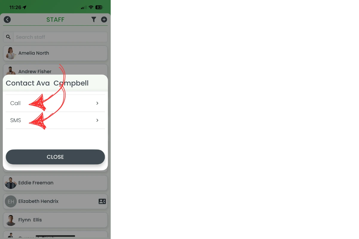 Step 4: Call or SMS buttons displayed for the employee