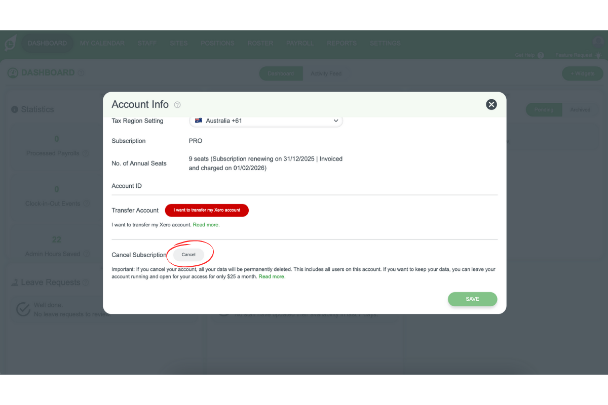 Screenshot of the Cancel Subscription section