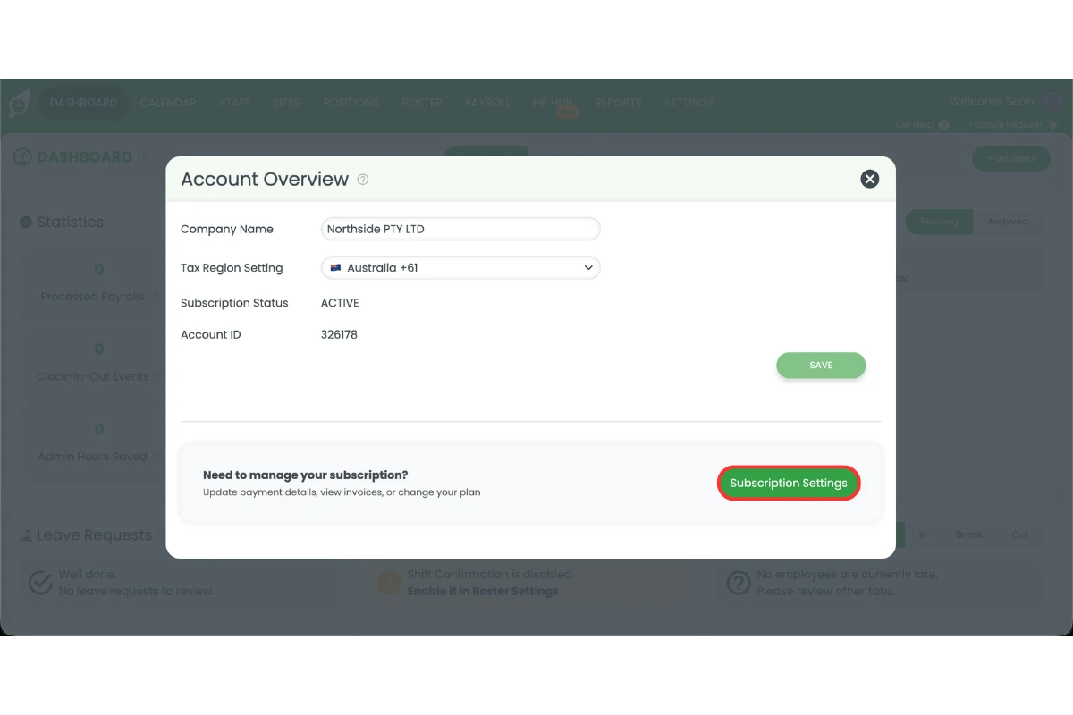 RosterElf Account Overview modal showing company name, tax region, and subscription status with the Subscription Settings button circled in red