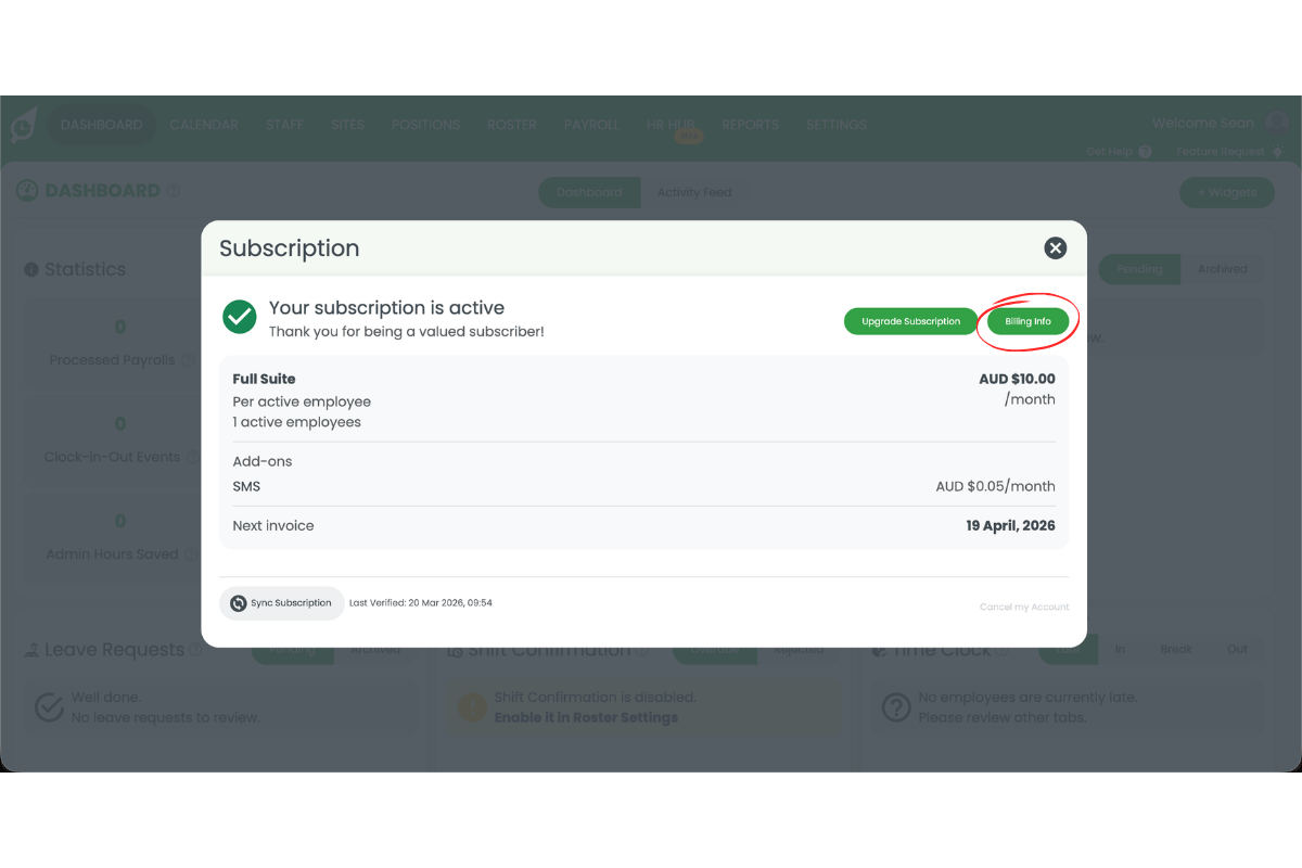 RosterElf Subscription modal showing active Full Suite plan with next invoice date and the Billing Info button circled in red