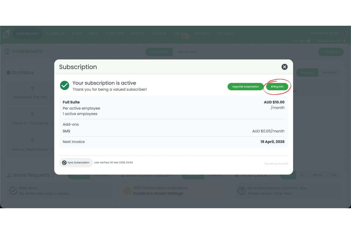 RosterElf Subscription modal showing active Full Suite plan with next invoice date and the Billing Info button circled in red