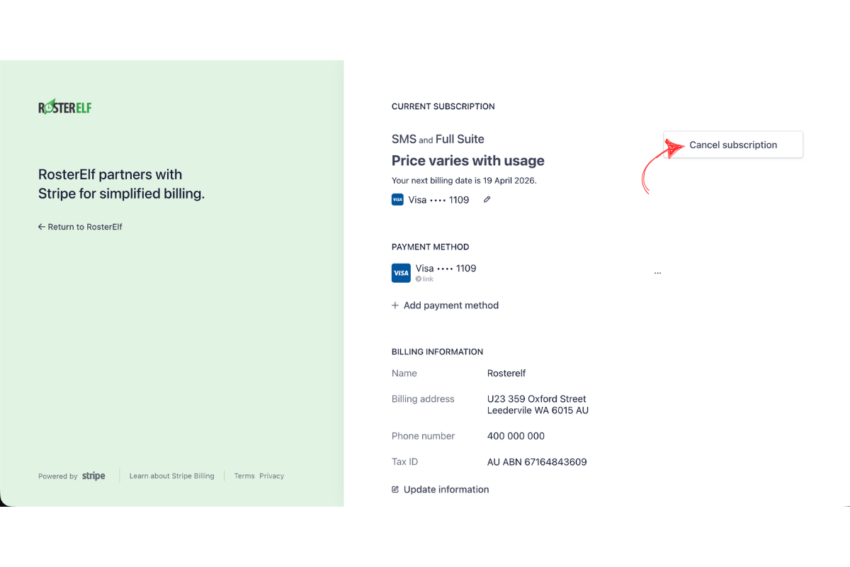 Stripe billing portal showing current subscription details with a red arrow pointing to the Cancel subscription link