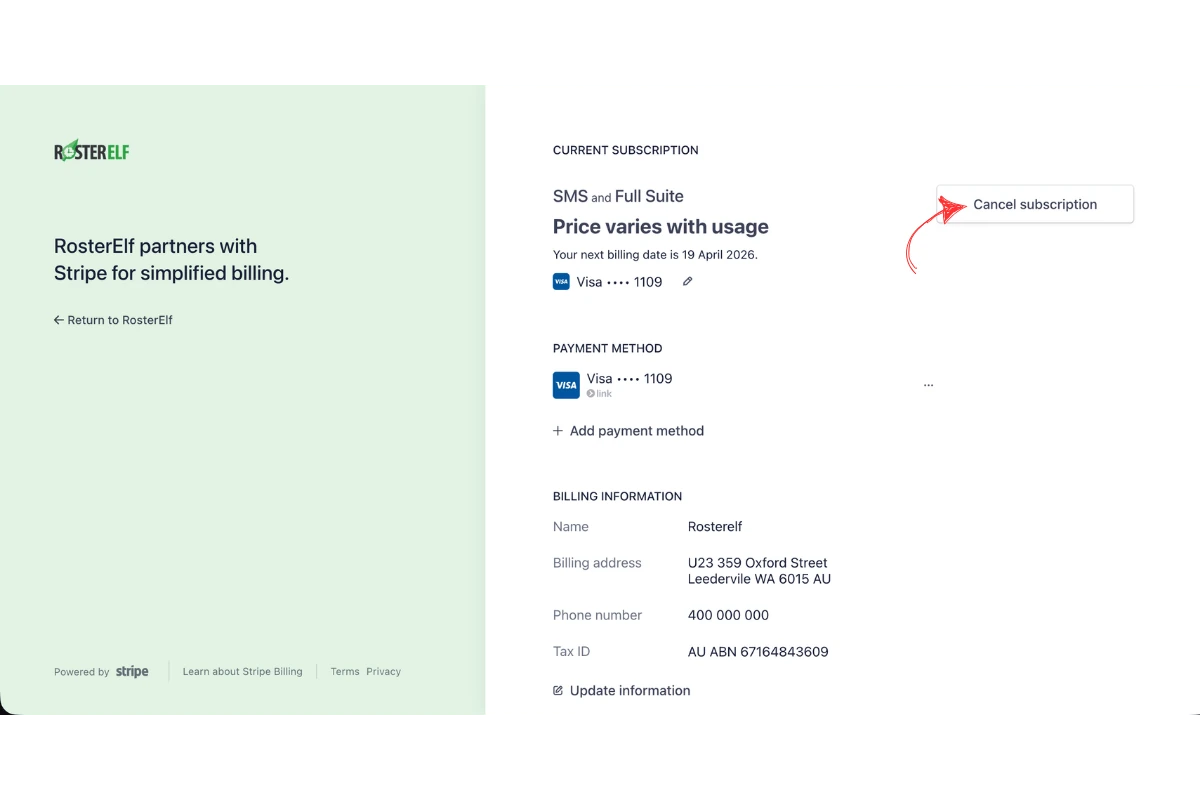 Stripe billing portal showing current subscription details with a red arrow pointing to the Cancel subscription link