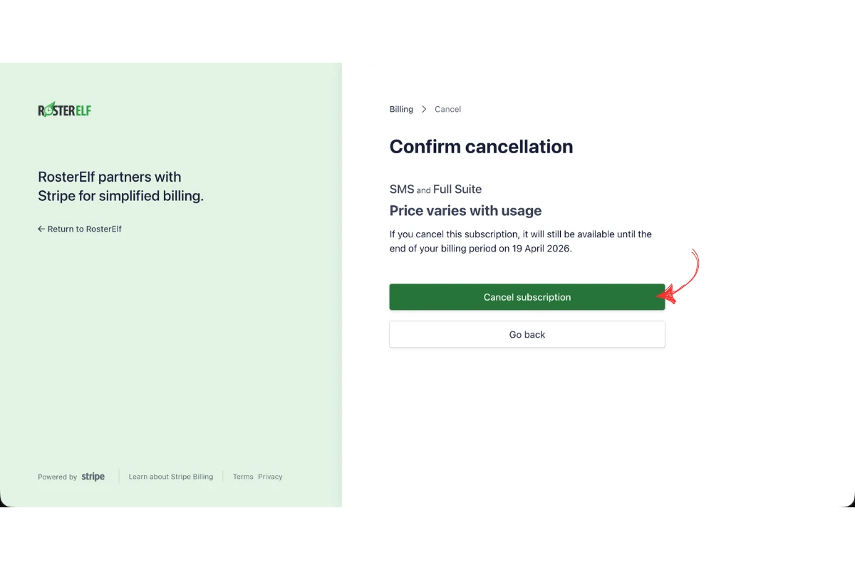 Stripe confirm cancellation screen showing subscription details and end of billing period date with the Cancel subscription button circled in red