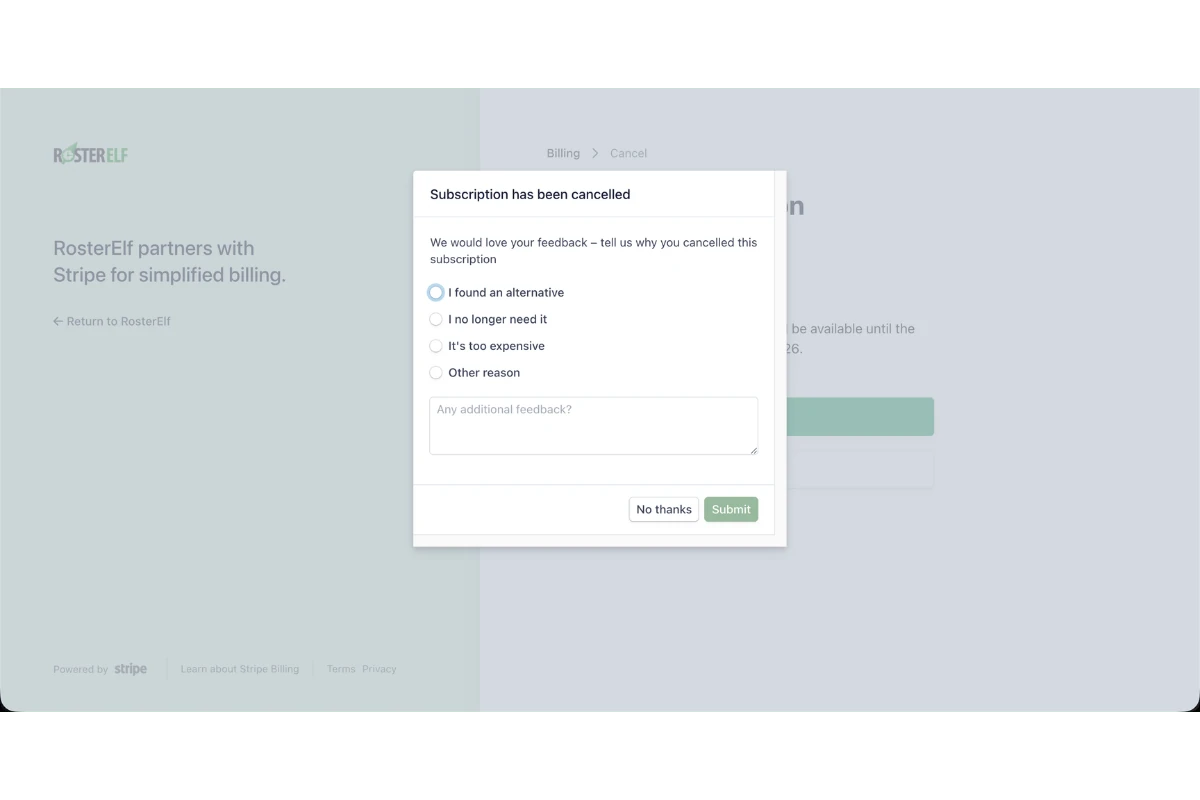 Stripe cancellation feedback modal showing the subscription has been cancelled with options to select a reason and an additional feedback text field
