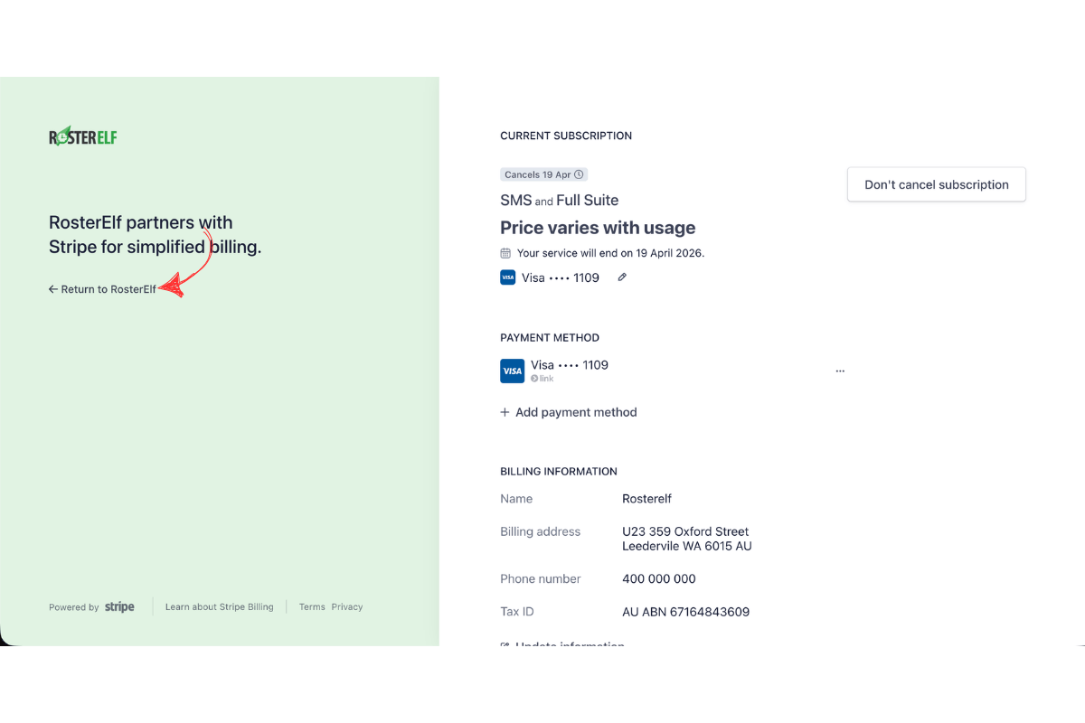 Stripe billing portal showing the cancelled subscription status with cancellation date and a red arrow pointing to the Return to RosterElf link
