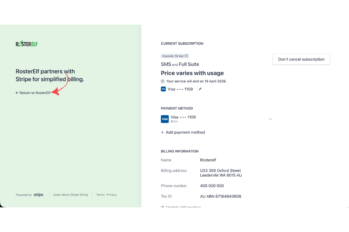 Stripe billing portal showing the cancelled subscription status with cancellation date and a red arrow pointing to the Return to RosterElf link