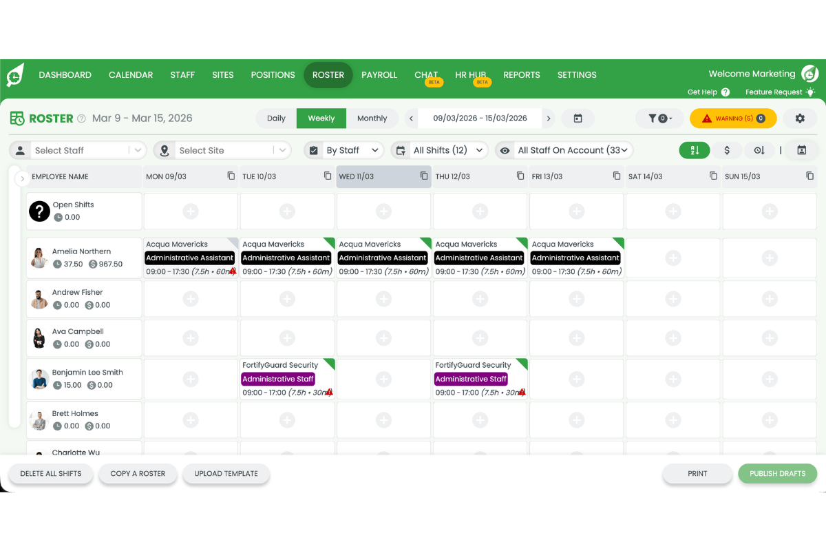 RosterElf weekly roster view showing staff shifts