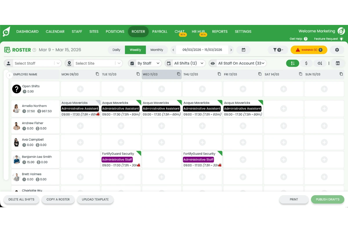 RosterElf weekly roster view showing staff shifts