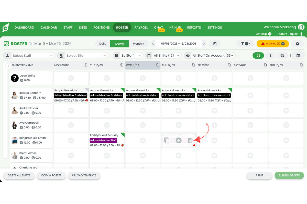 Hovering over a shift on the roster to reveal shift action icons