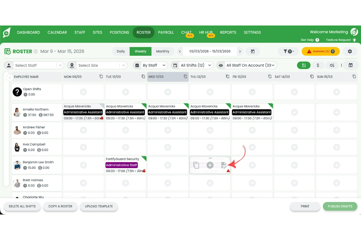 Hovering over a shift on the roster to reveal shift action icons