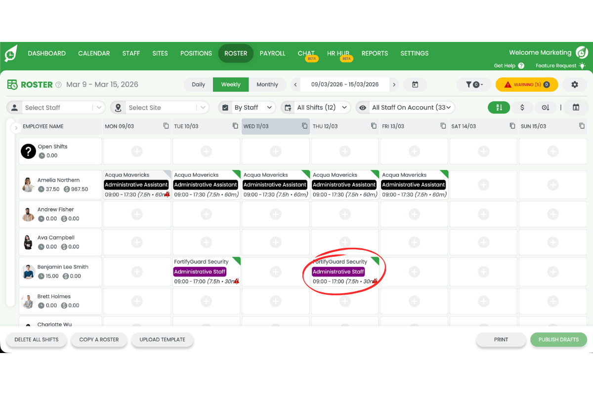Shift highlighted on the roster ready to be edited