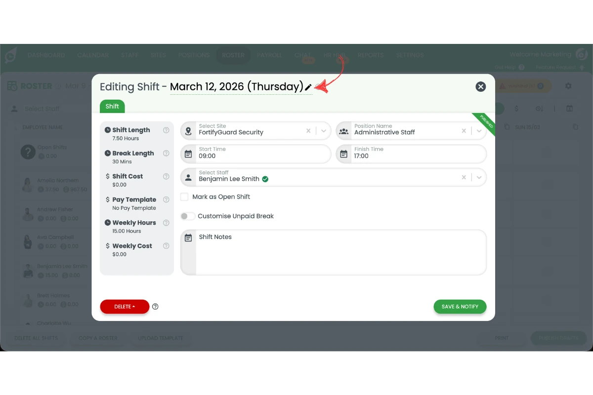 Shift editor open showing the pencil icon next to the shift date