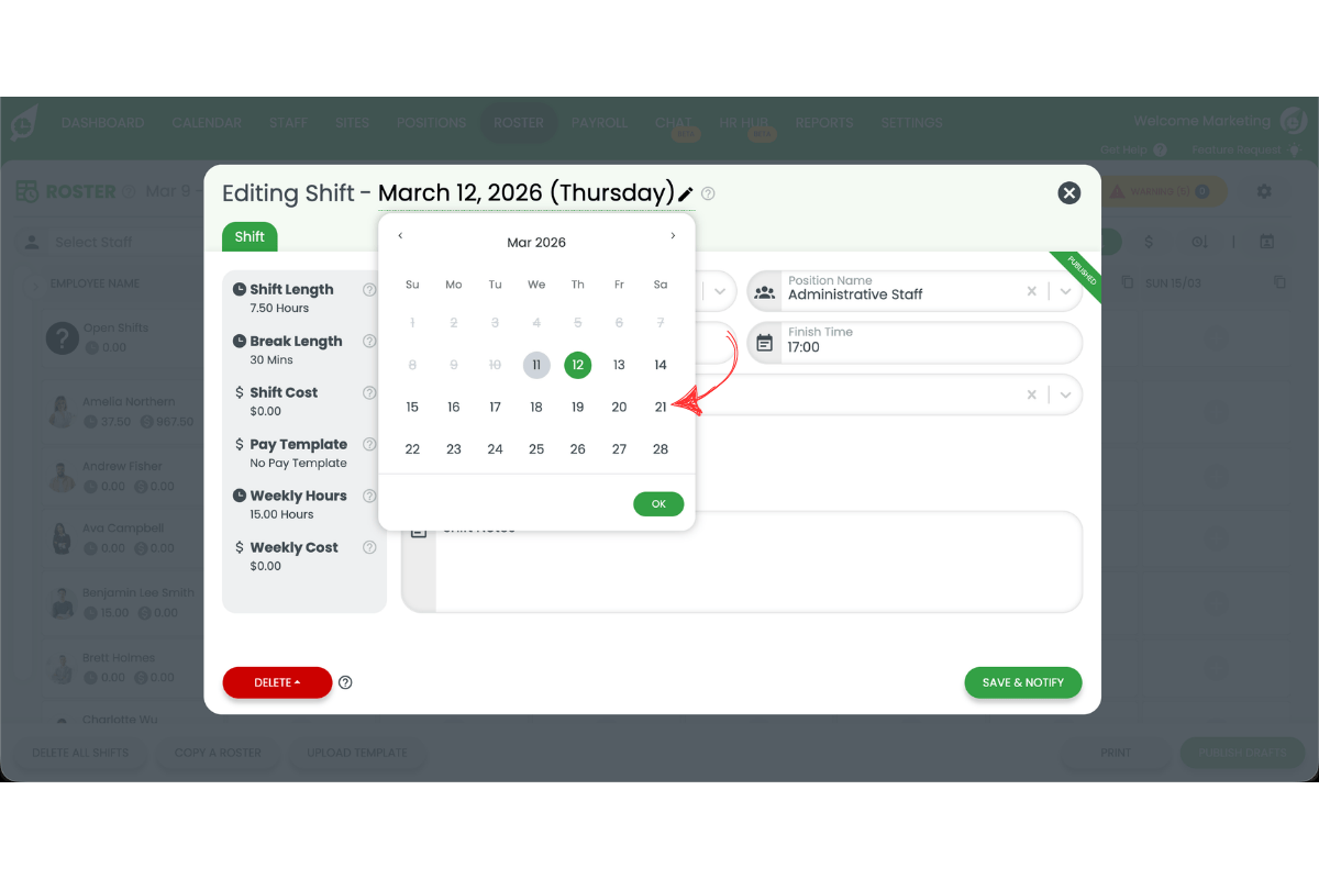 Date picker calendar open with a new date selected