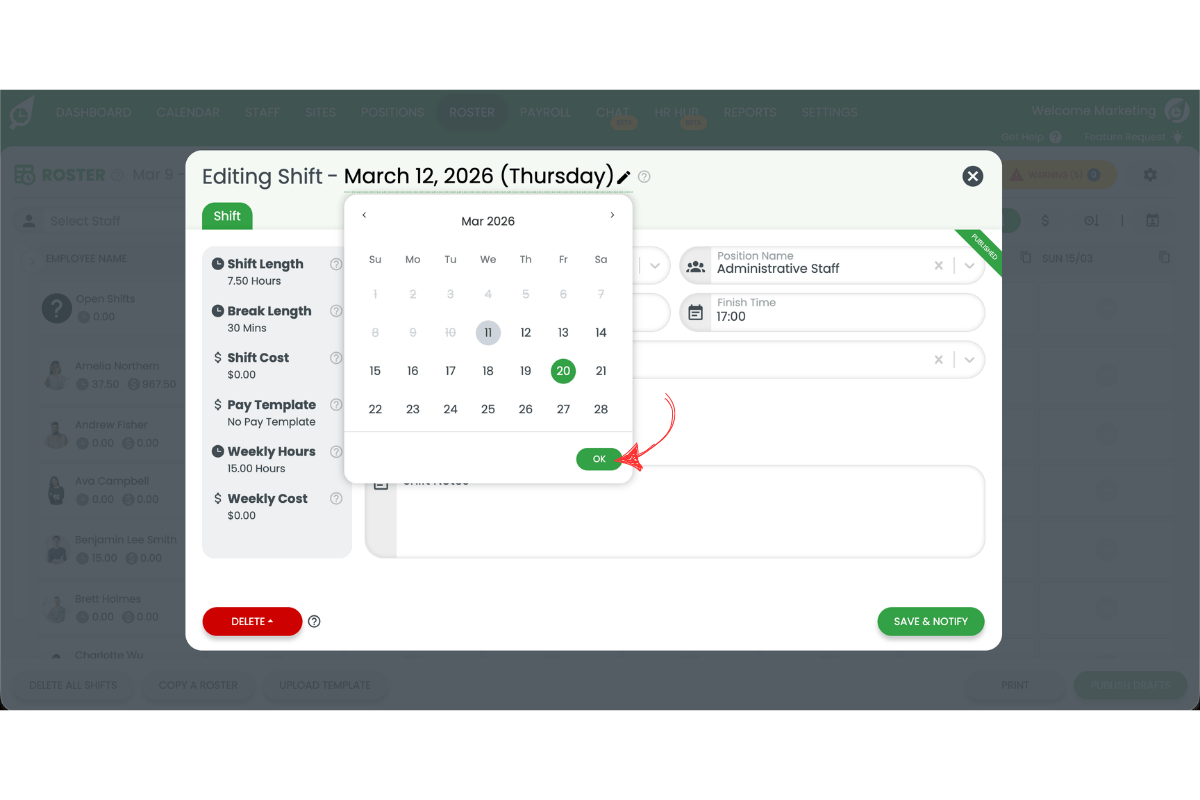 OK button highlighted in the date picker to confirm the new shift date