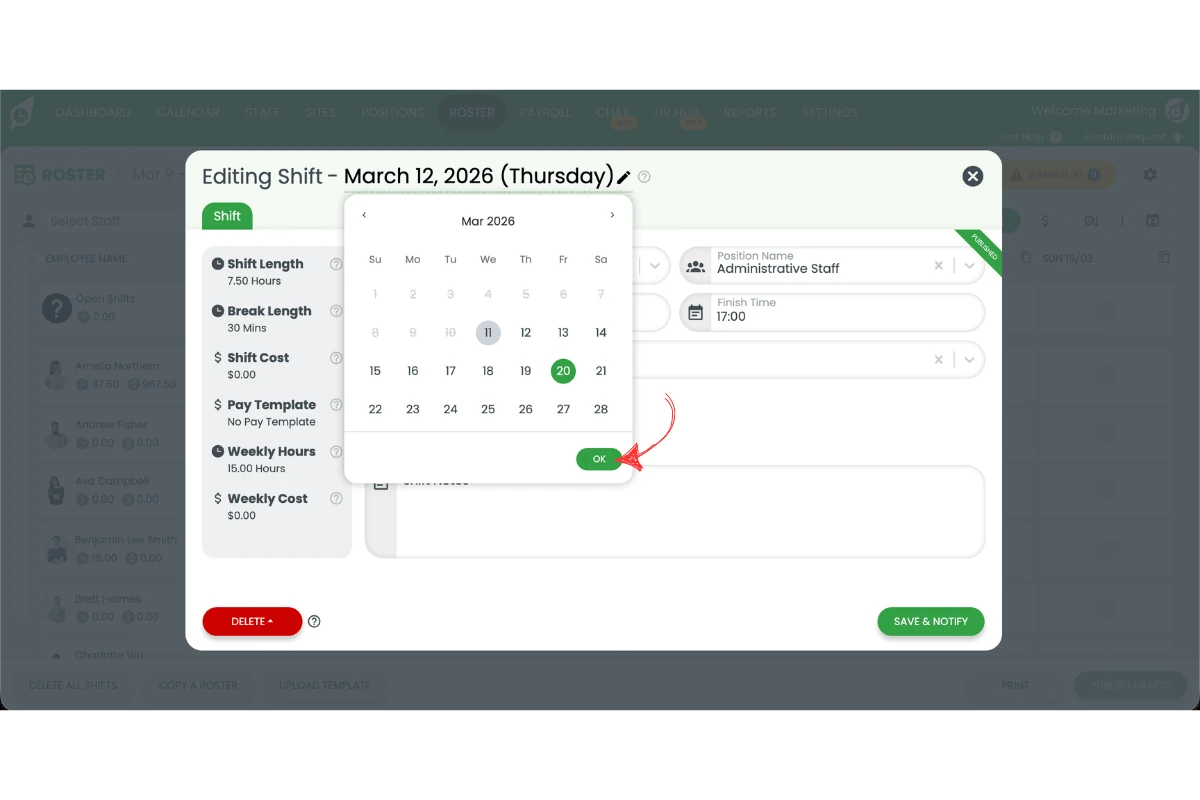 OK button highlighted in the date picker to confirm the new shift date