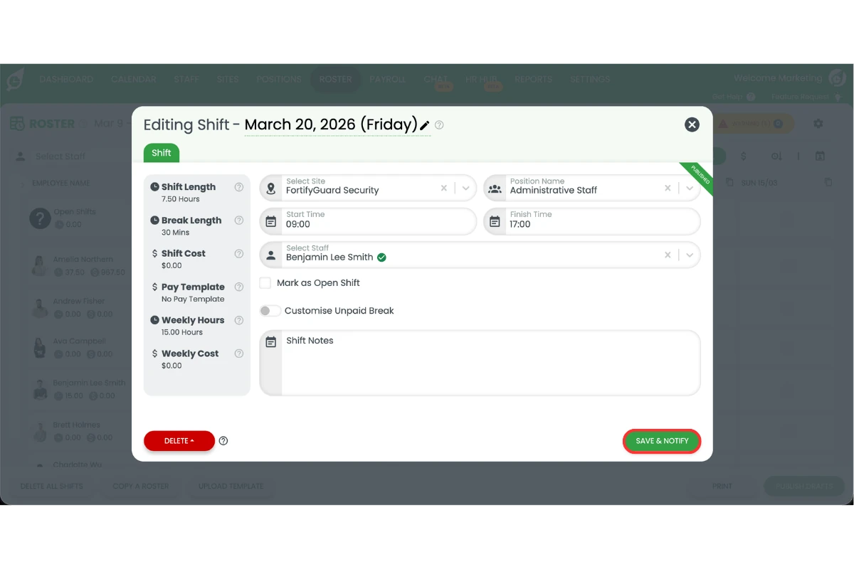 Shift editor showing the updated shift date with the Save and notify button highlighted