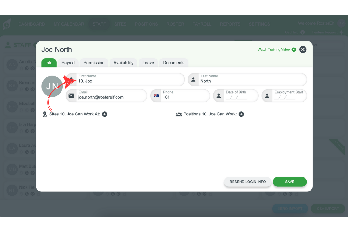 Screenshot demonstrating how to add '10.' as a prefix to the staff member's name