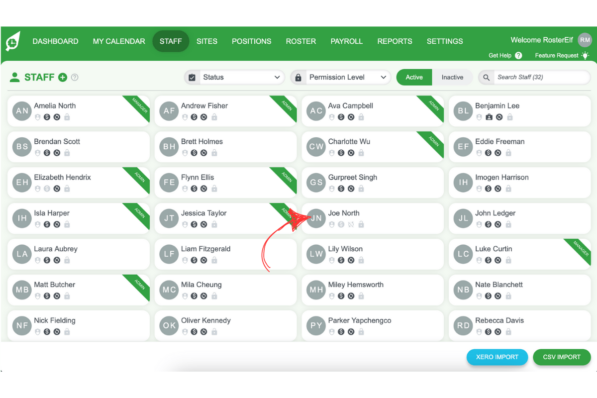 Screenshot of the first staff member highlighted for custom order
