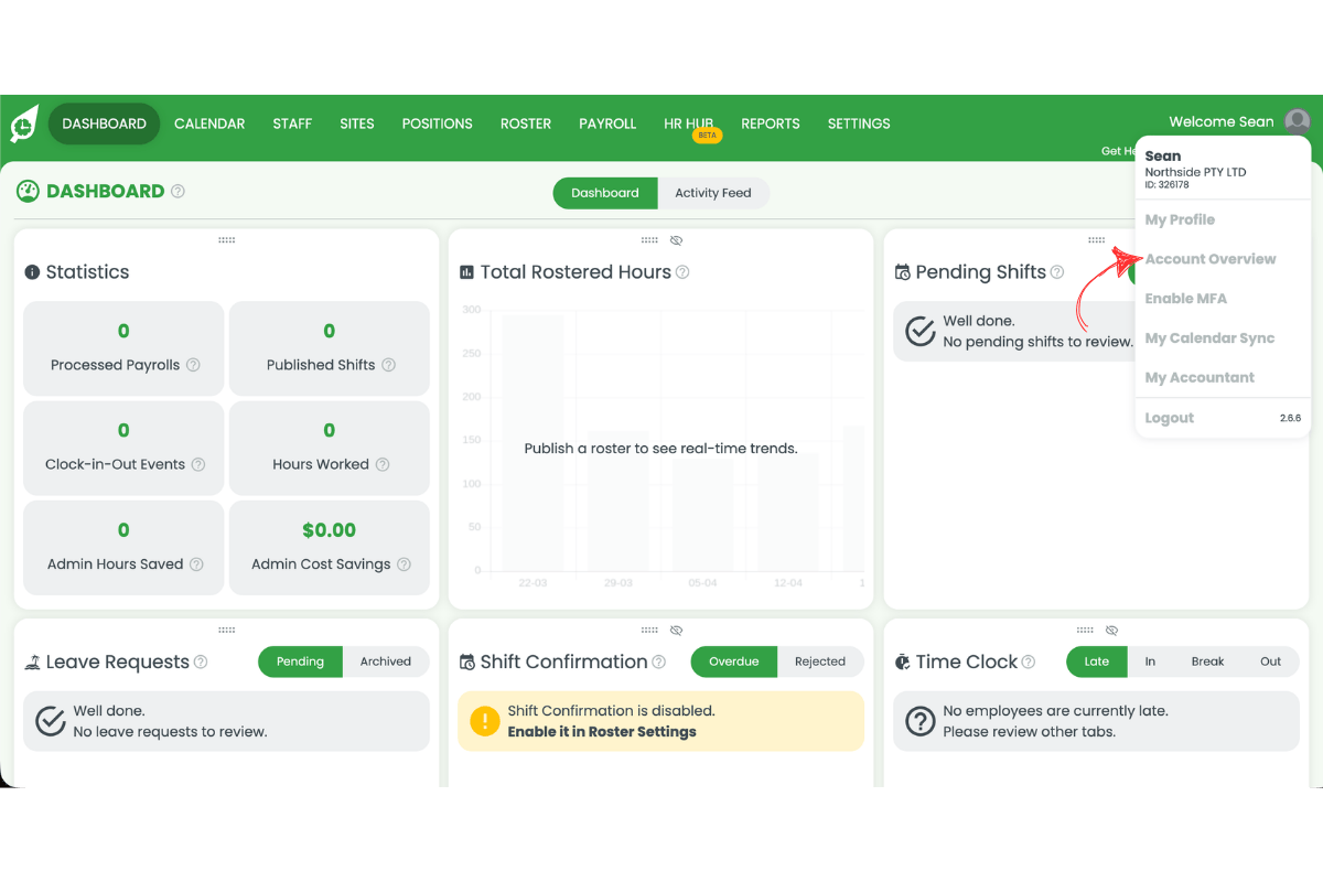 RosterElf dropdown menu open showing Account Overview option highlighted with an arrow