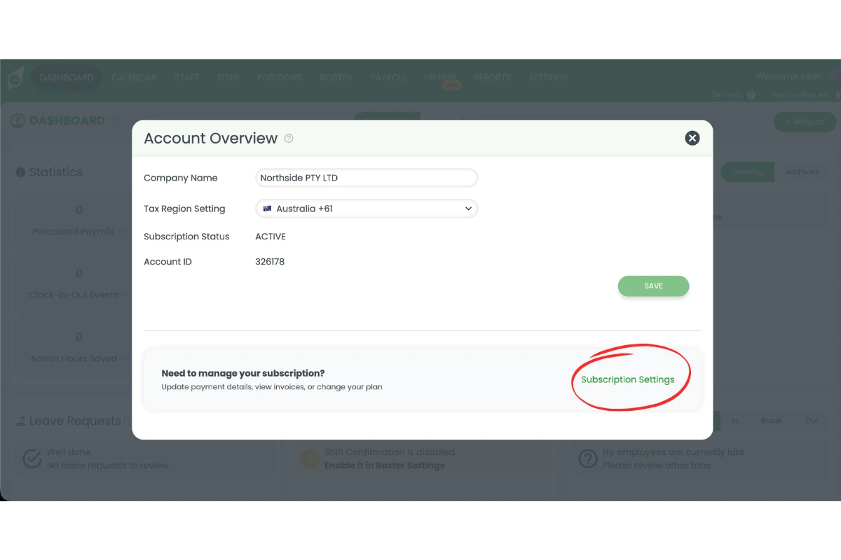 RosterElf Account Overview modal showing the Subscription Settings button circled in red