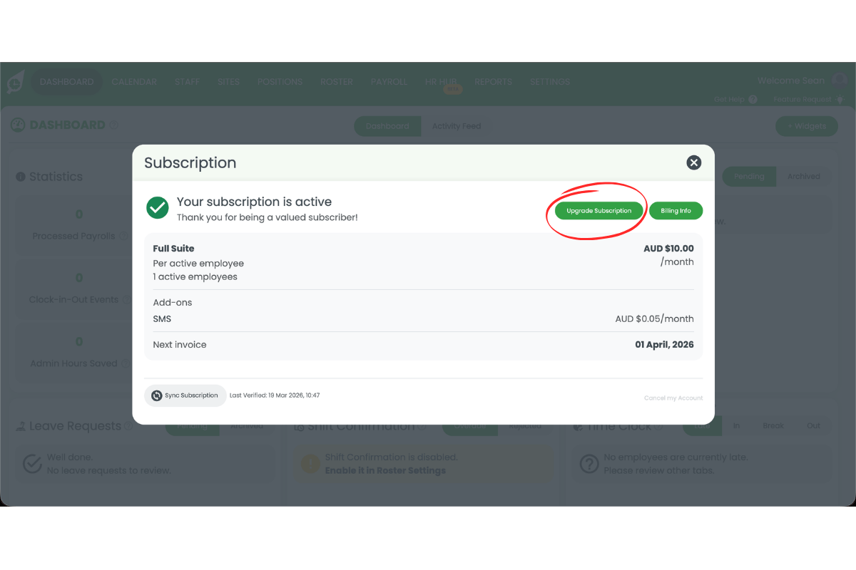 RosterElf Subscription modal showing the Upgrade Subscription button circled in red