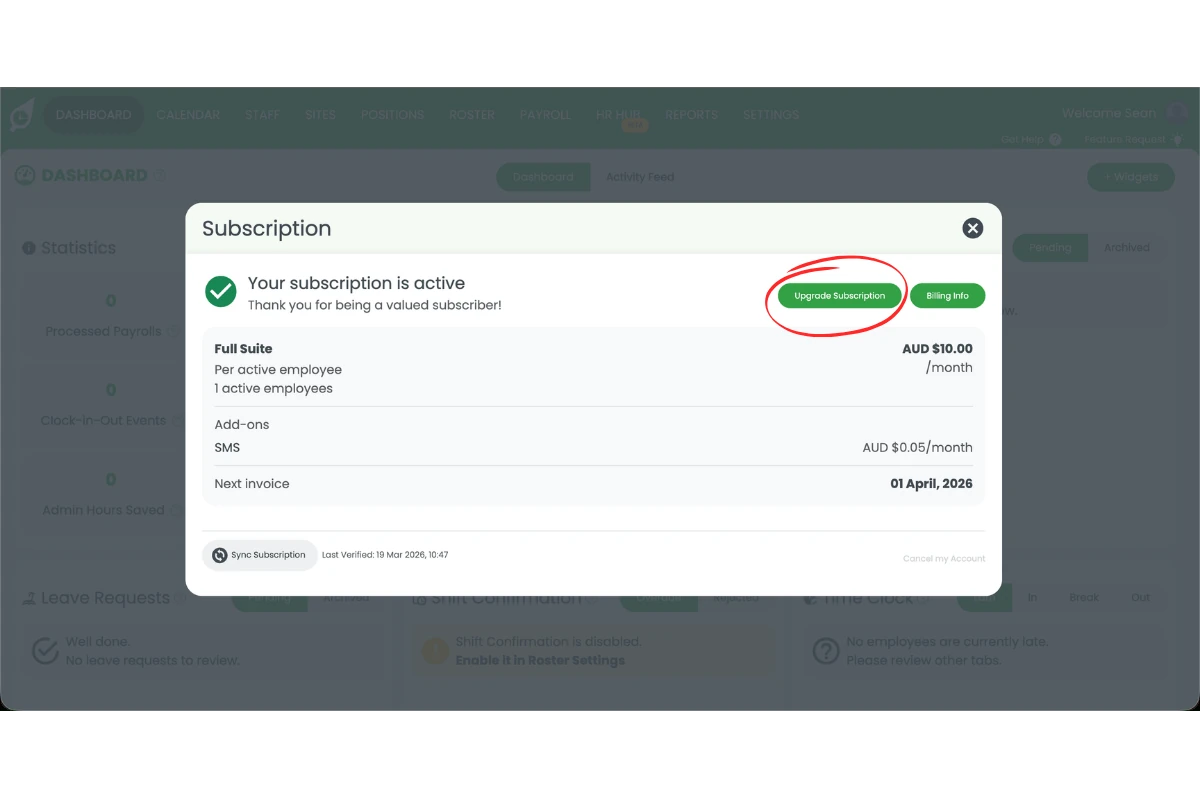 RosterElf Subscription modal showing the Upgrade Subscription button circled in red
