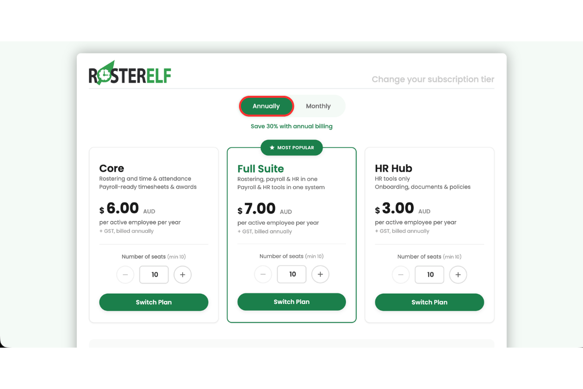 RosterElf change subscription tier page showing Annually toggle selected and circled, with plan options and save 30% with annual billing message