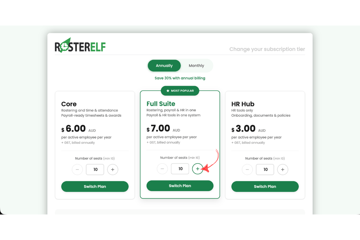 RosterElf annual plan selection showing number of seats adjuster with arrow pointing to the plus button on the Full Suite plan