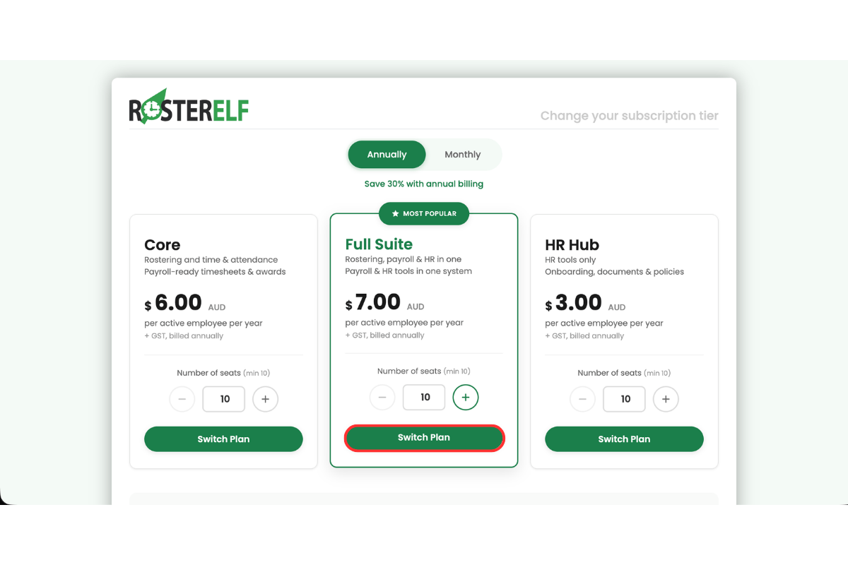 RosterElf annual plan selection showing the Switch Plan button highlighted in green on the Full Suite plan card