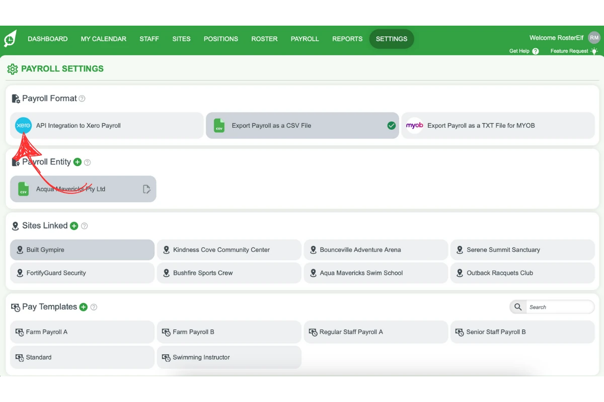The Payroll Format tiles on the Payroll Settings page, with a green tick on the current CSV format