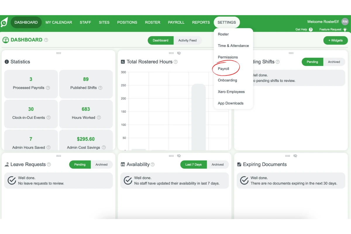 Screenshot showing the Payroll option under Settings