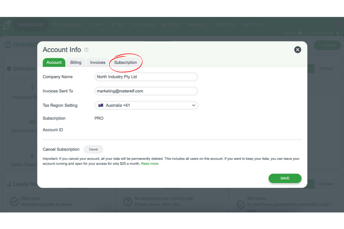 Screenshot showing the Subscription tab in RosterElf Account Info
