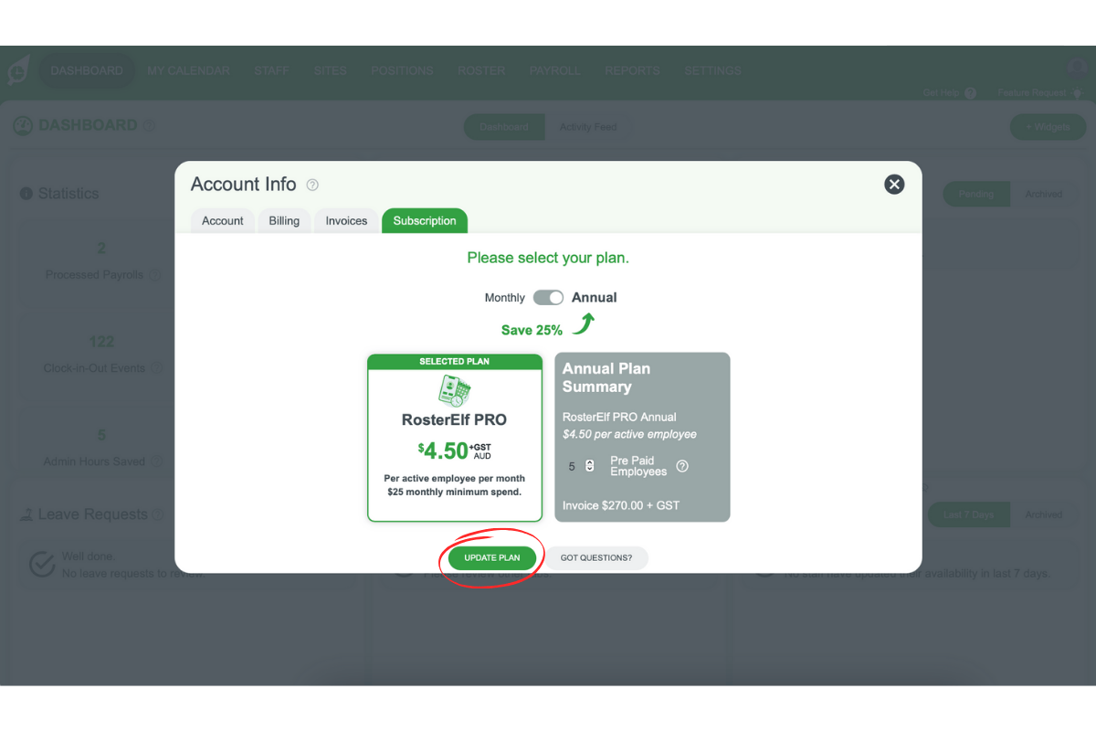 Screenshot showing the Update Plan button in Subscription settings