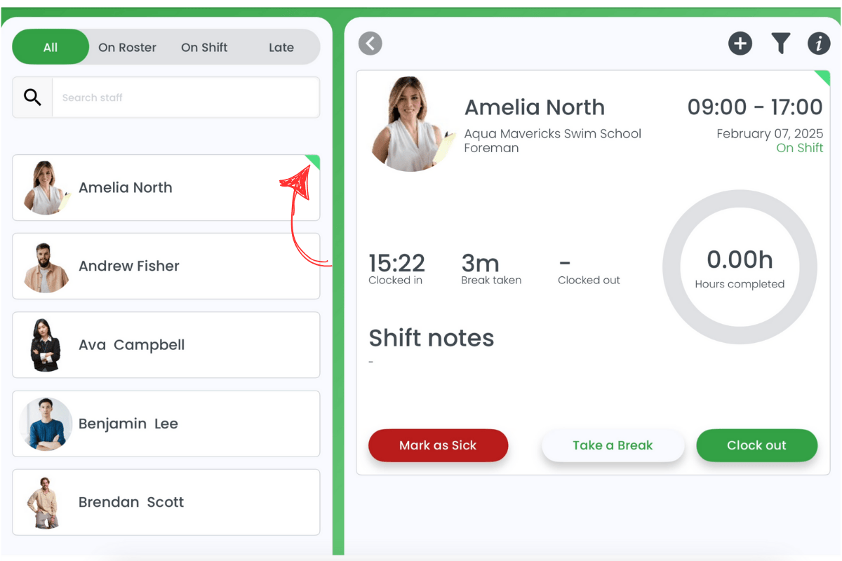 Example of a green banner indicating a staff member is clocked in