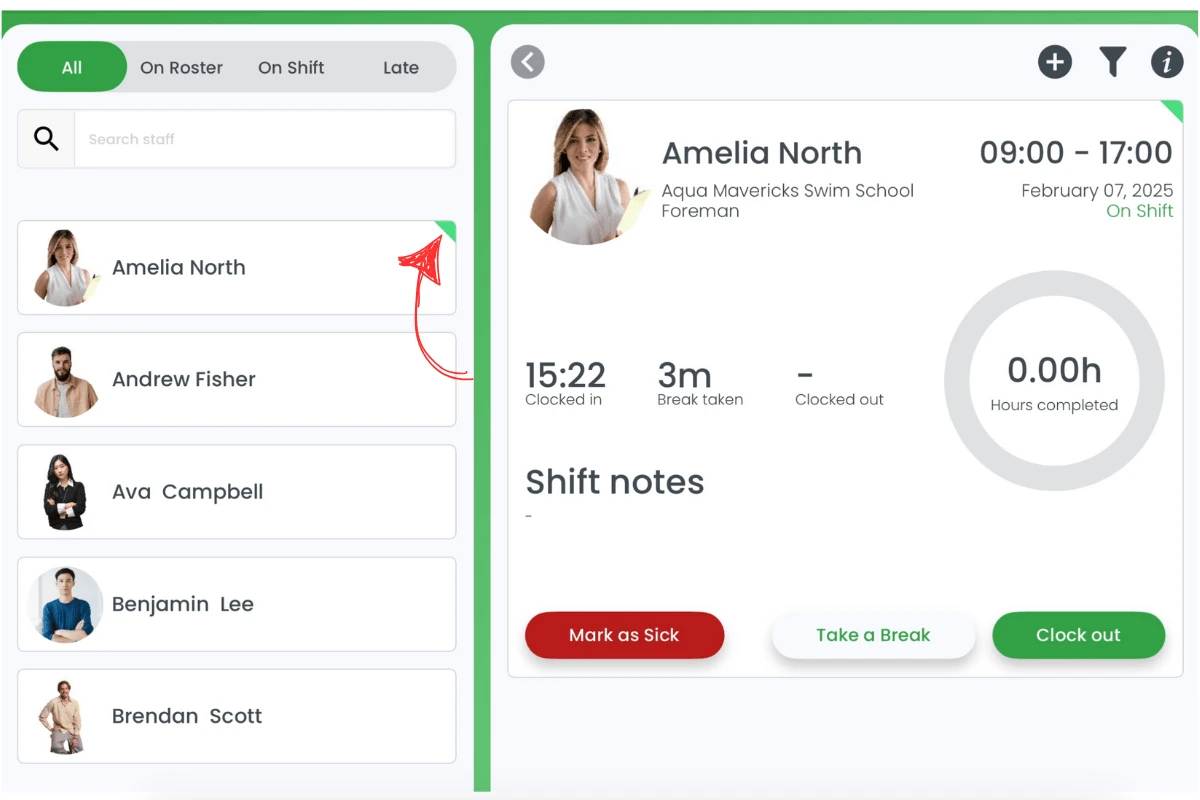 Example of a green banner indicating a staff member is clocked in