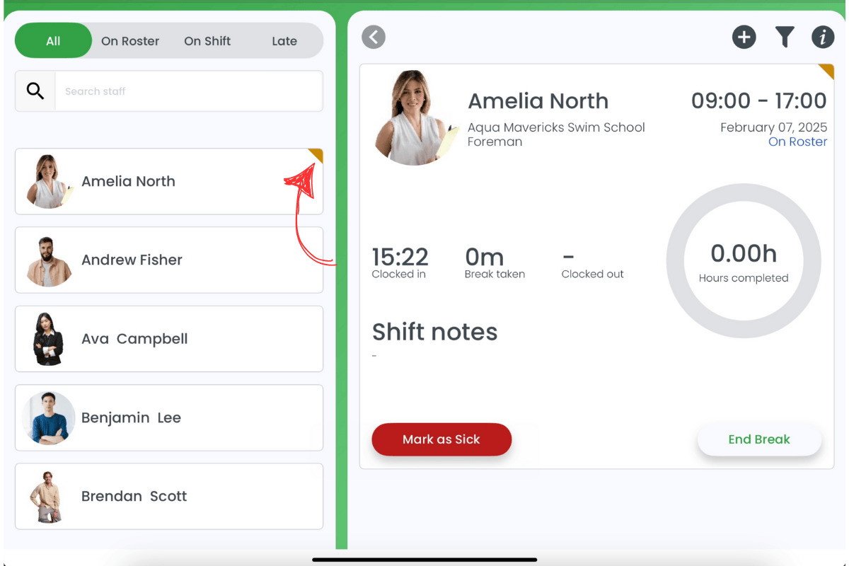 Example of an orange banner indicating a staff member on break