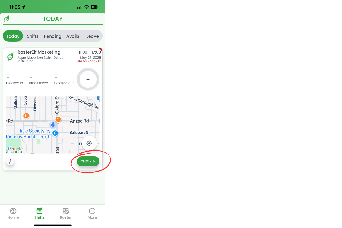 Clock In button on shift card