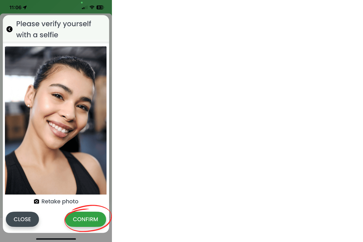 Selfie verification screen for clock in
