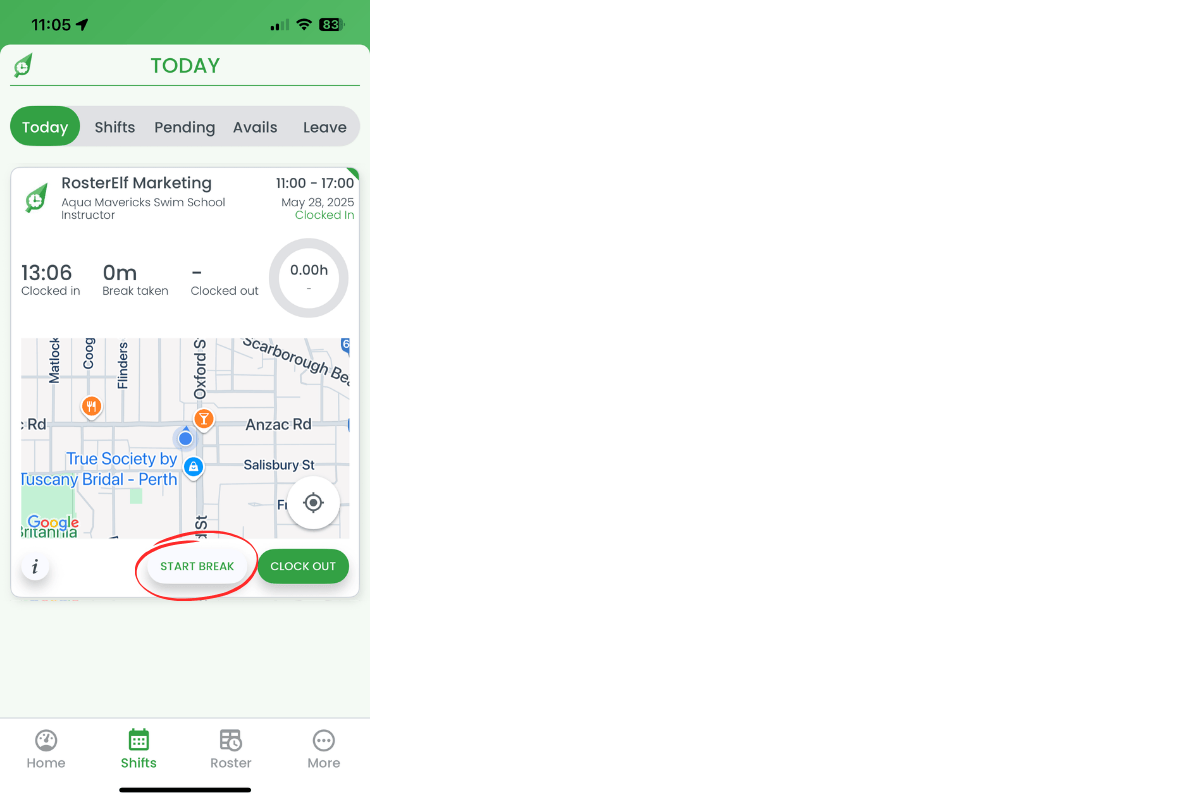 Start Break button on shift card
