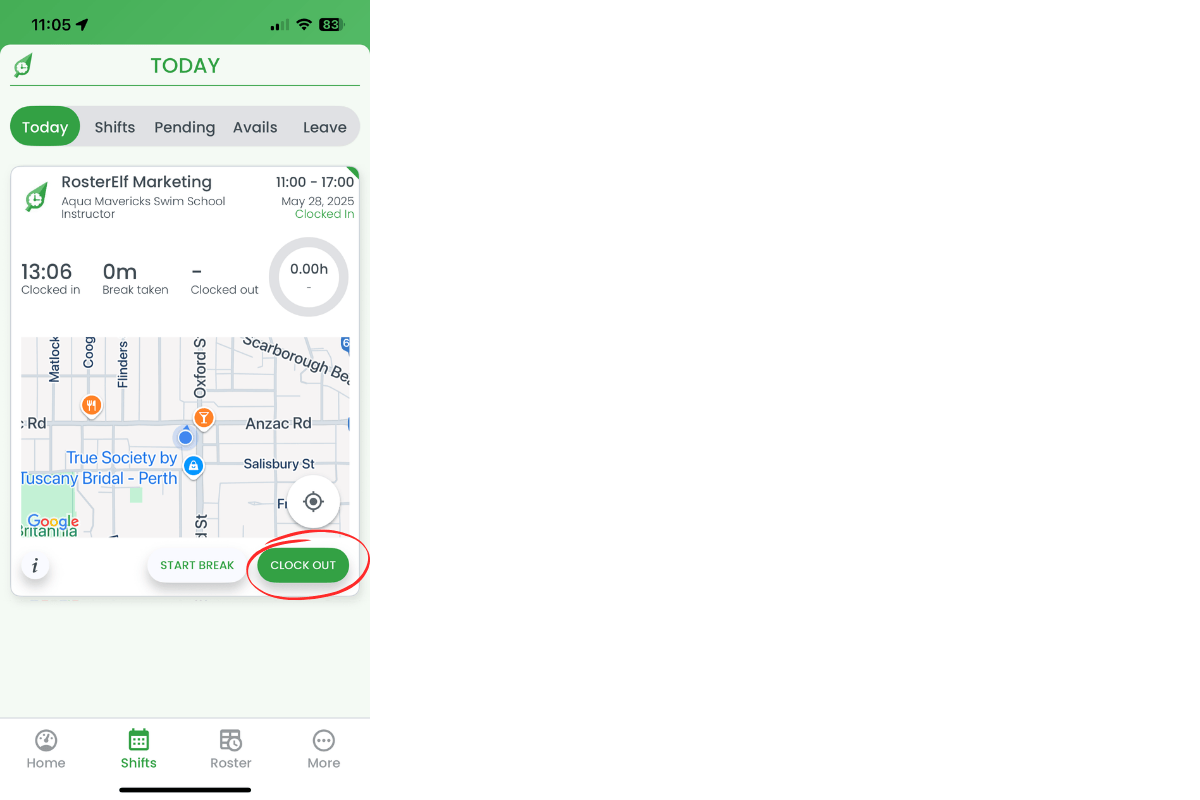 Clock Out button on shift card