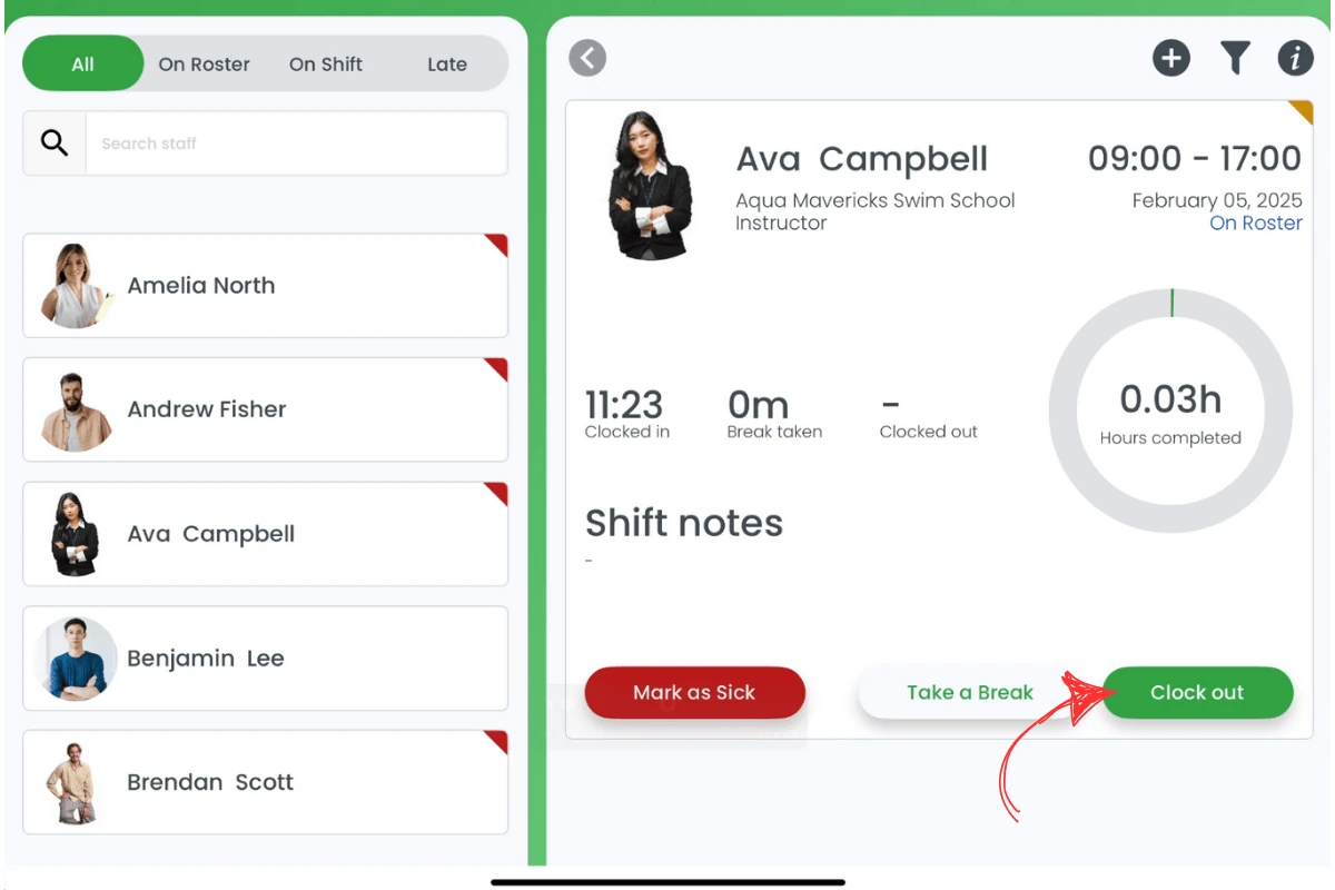 Shift info block for clocking out in RosterElf Time Clock