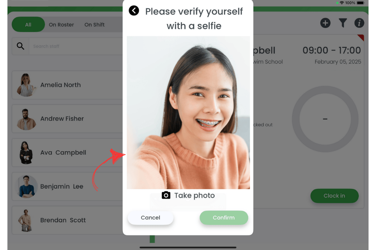 Prompt for photo proof upon clock out in RosterElf Time Clock