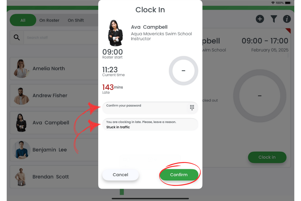 Modal to enter password and reason for late clock in