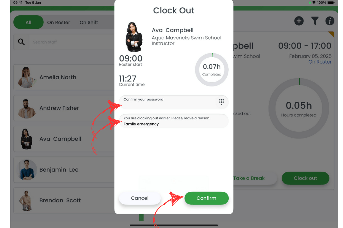 Modal to enter password and reason for early clock out